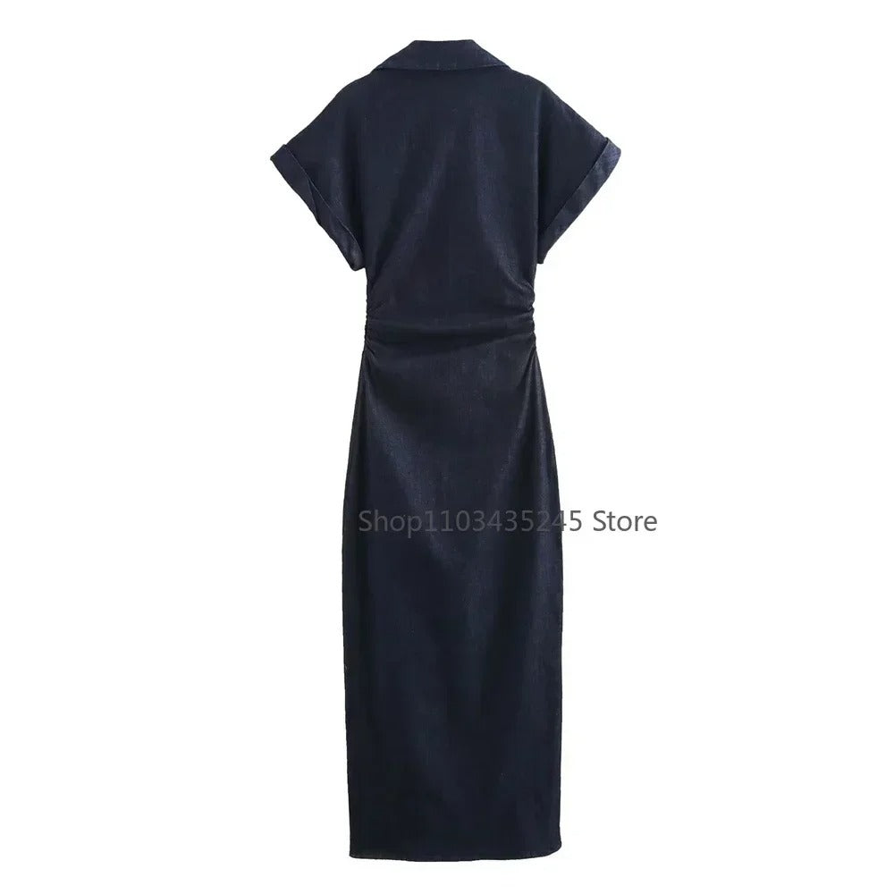 DENIA – Slim Fit Denim Kleid mit Plissee & Revers