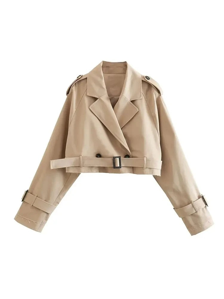 Vintage Kurzmantel Damen – Gürtel Zweireiher Jacke Cropped