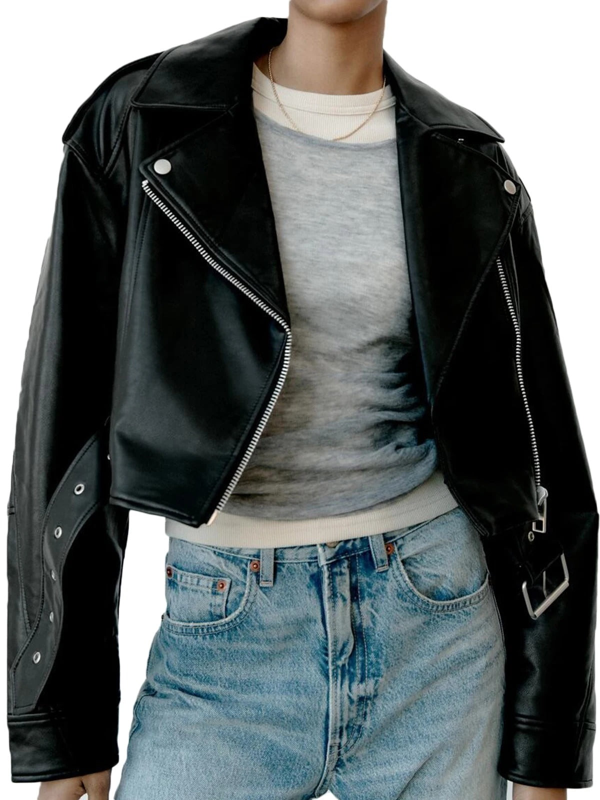 Oversize Bikerjacke aus Faux Leder mit Gürtel