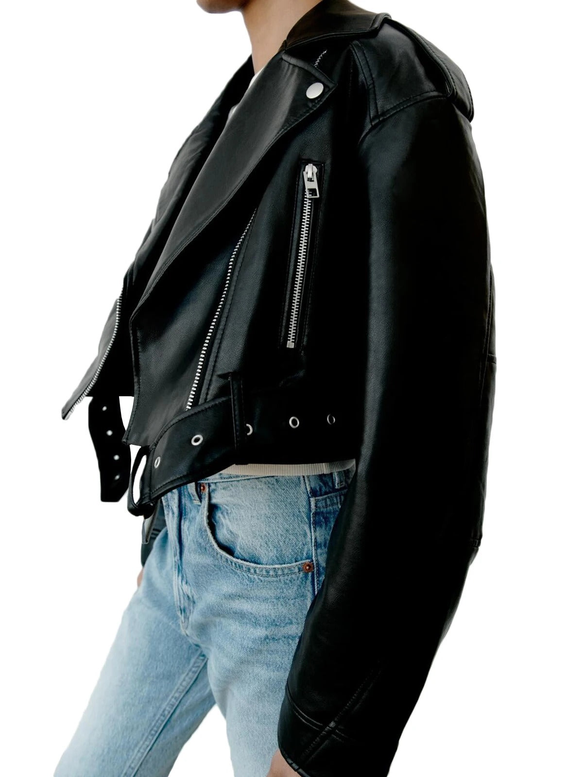 Oversize Bikerjacke aus Faux Leder mit Gürtel