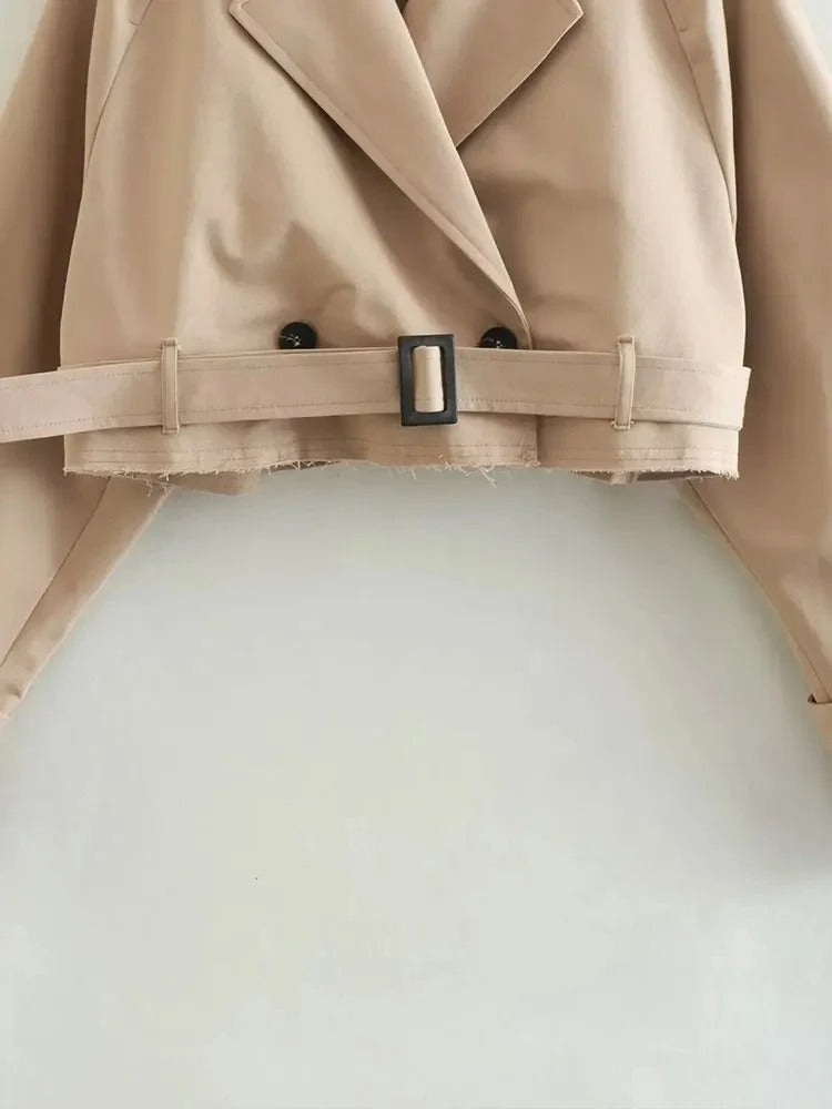 Vintage Kurzmantel Damen – Gürtel Zweireiher Jacke Cropped