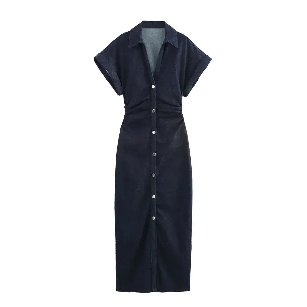 DENIA – Slim Fit Denim Kleid mit Plissee & Revers