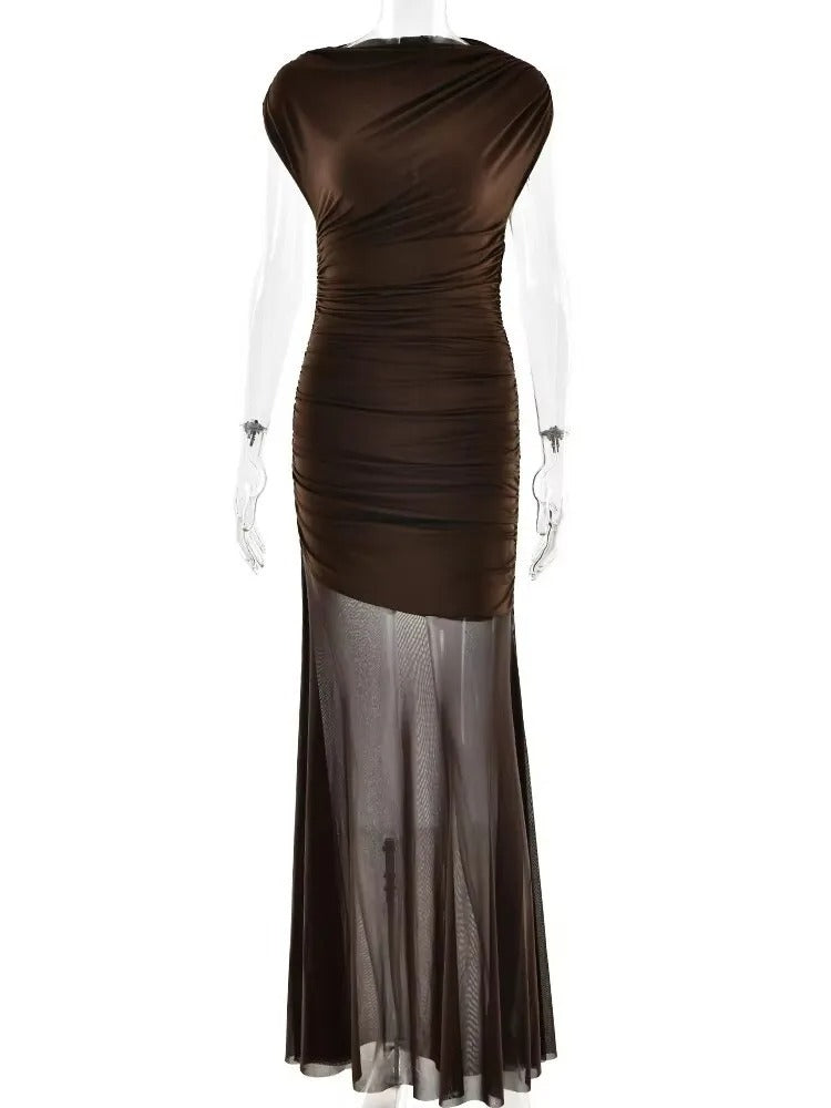 ZOYA Abendkleid – Elegantes Maxi Kleid mit Mesh & Raffung in Braun oder Grau