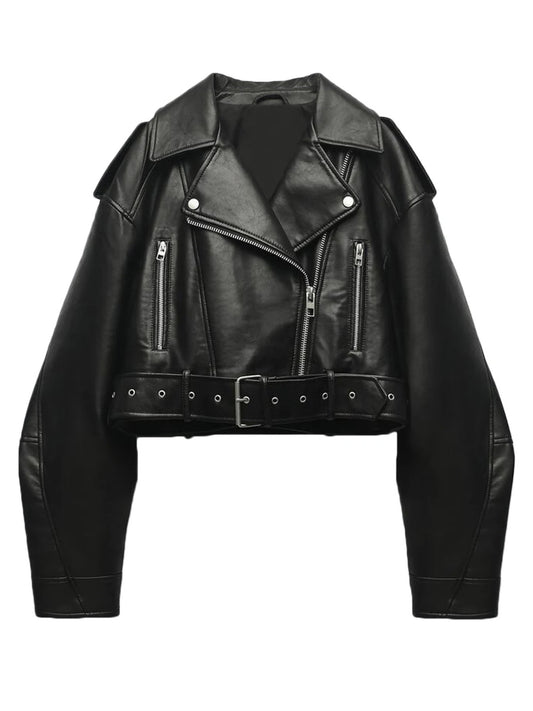 Oversize Bikerjacke aus Faux Leder mit Gürtel