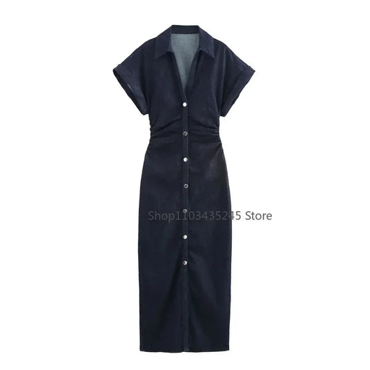 DENIA – Slim Fit Denim Kleid mit Plissee & Revers