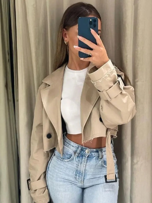 Vintage Kurzmantel Damen – Gürtel Zweireiher Jacke Cropped