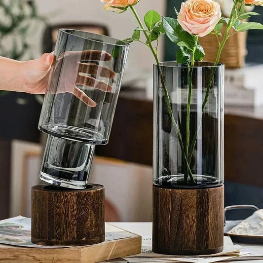 Hydro Glasvase – Moderne Vase mit Holzsockel für stilvolle Pflanzen-Deko